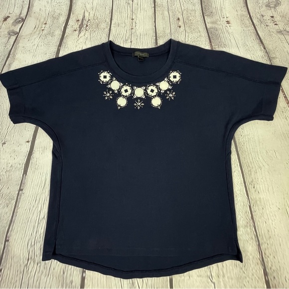 J. CREW navy blue cotton embellished short sleeve sweatshirt top, size M - Picture 7 of 12